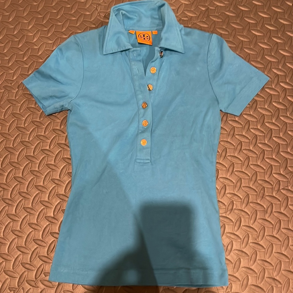 Tory Burch Teal Blue Button up Short Sleeve Shirt Size XS